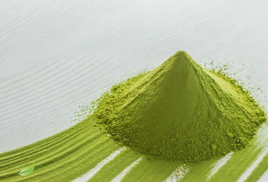 Heap of vibrant green bakery grade matcha powder on a light wooden surface