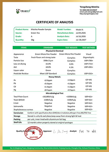 Yongsheng Matcha Certificate of Analysis document with test results and quality stamp