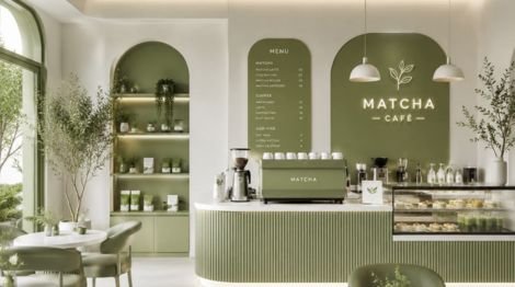 Modern matcha cafe interior with green walls, arched shelves, and a curved counter