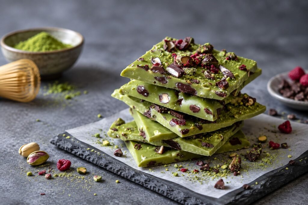 Stack of green matcha chocolate bark topped with nuts and dried berries on a dark slate board