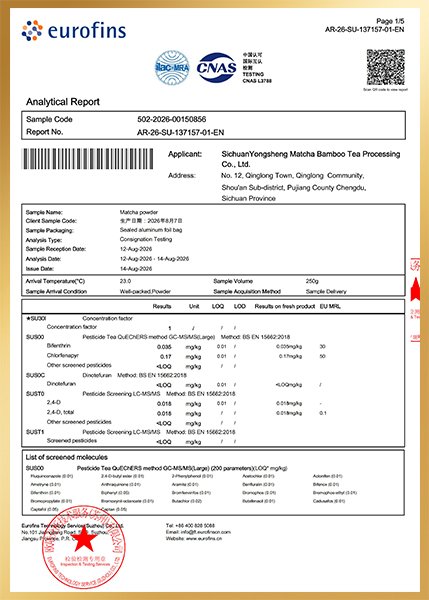 Eurofins analytical report for Yongsheng matcha powder pesticide residue testing