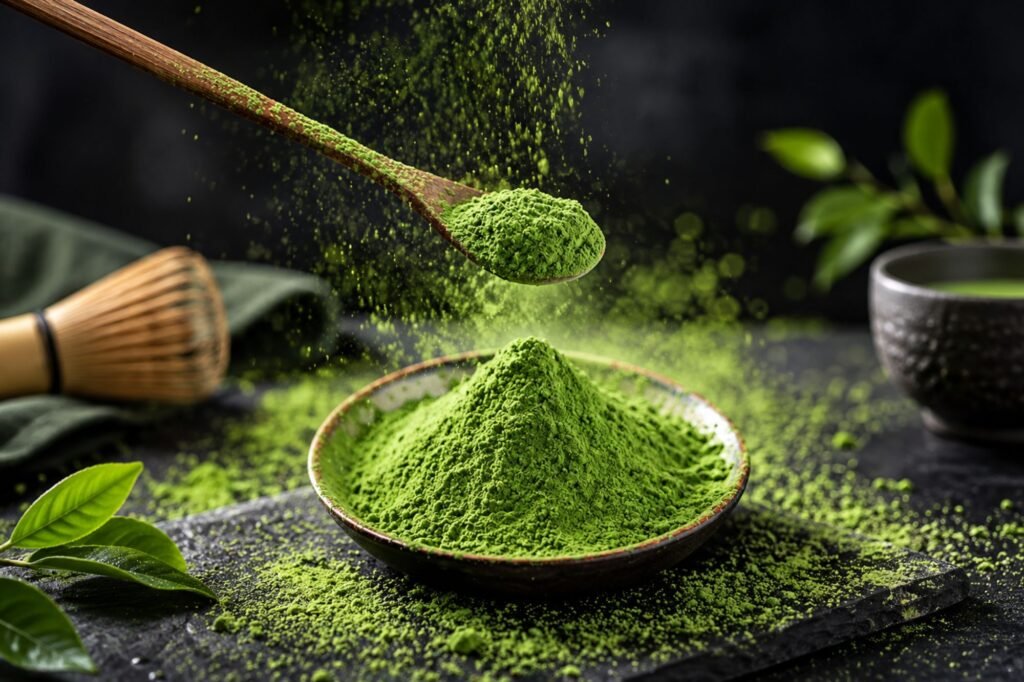 Wooden spoon sprinkling vibrant green matcha powder over a bowl on a dark slate surface