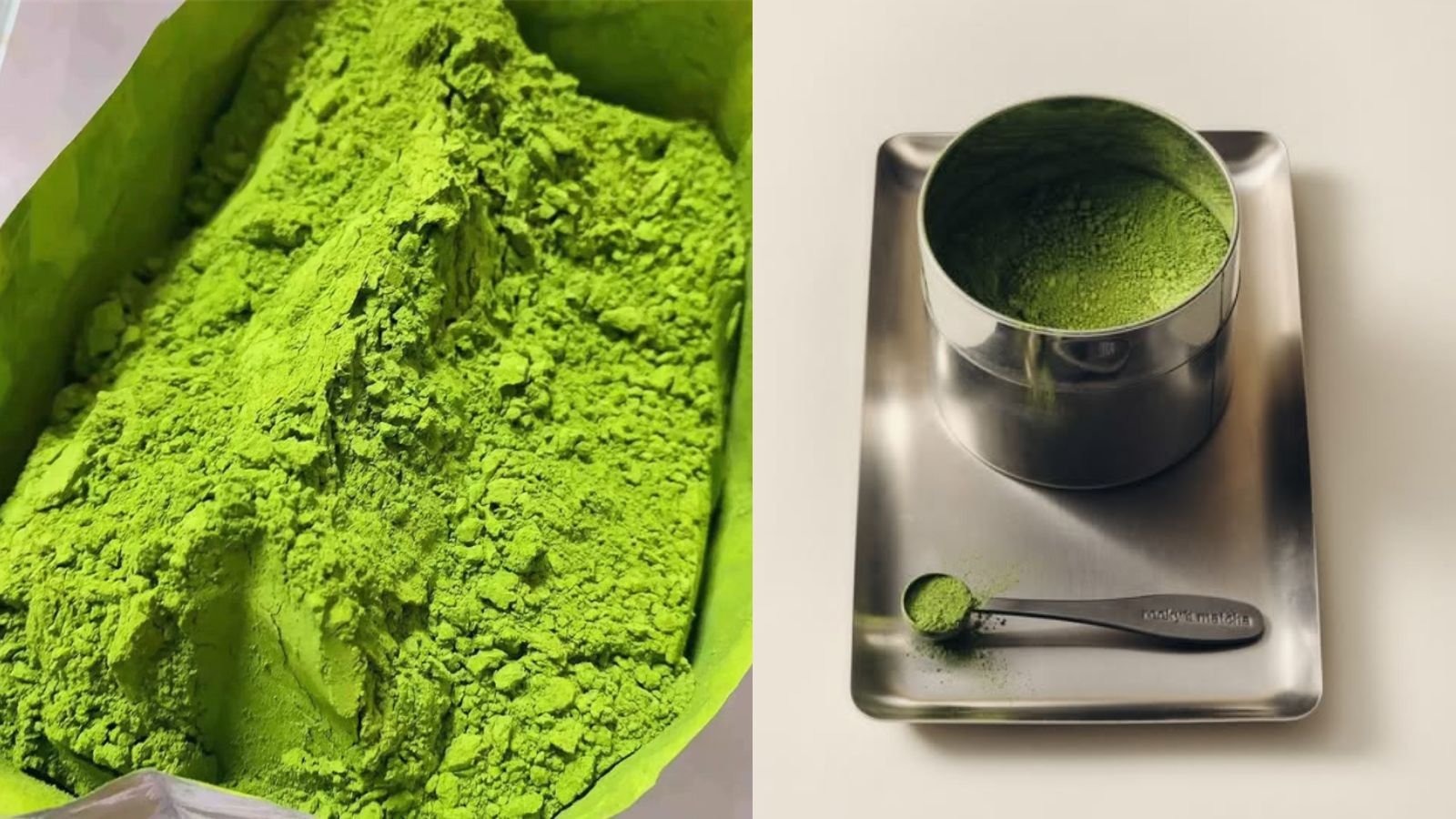 Bulk matcha portioned into airtight storage tins Bulk matcha portioned into small airtight storage tins at a café bar to preserve freshness