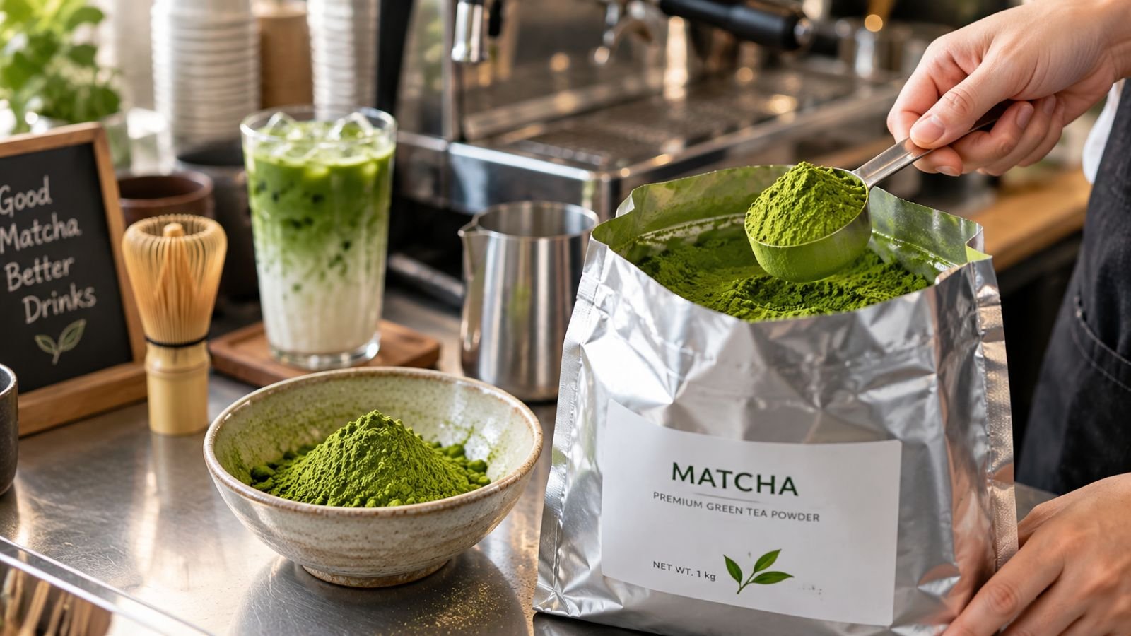 Bulk matcha powder scooped from a 1 kg wholesale bag Vivid green bulk matcha powder being scooped from a 1 kg wholesale foil bag at a café beverage station