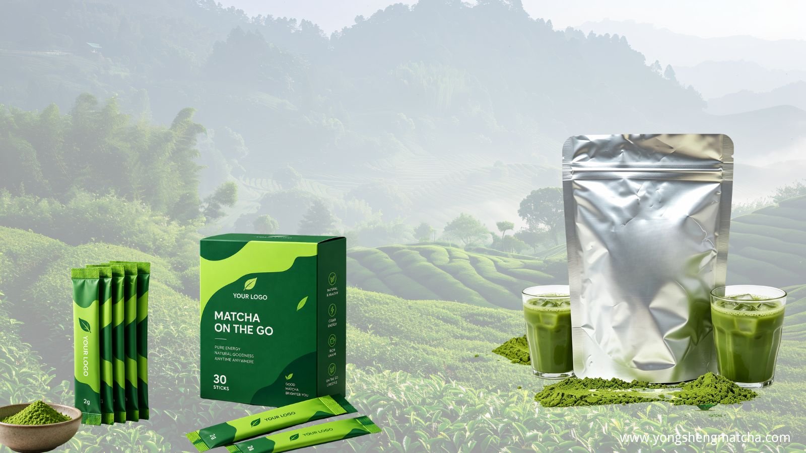 Bulk vs wholesale matcha packaging formats Retail matcha tins beside large 1 kg and 10 kg bulk foil bags compared for bulk vs wholesale matcha buying
