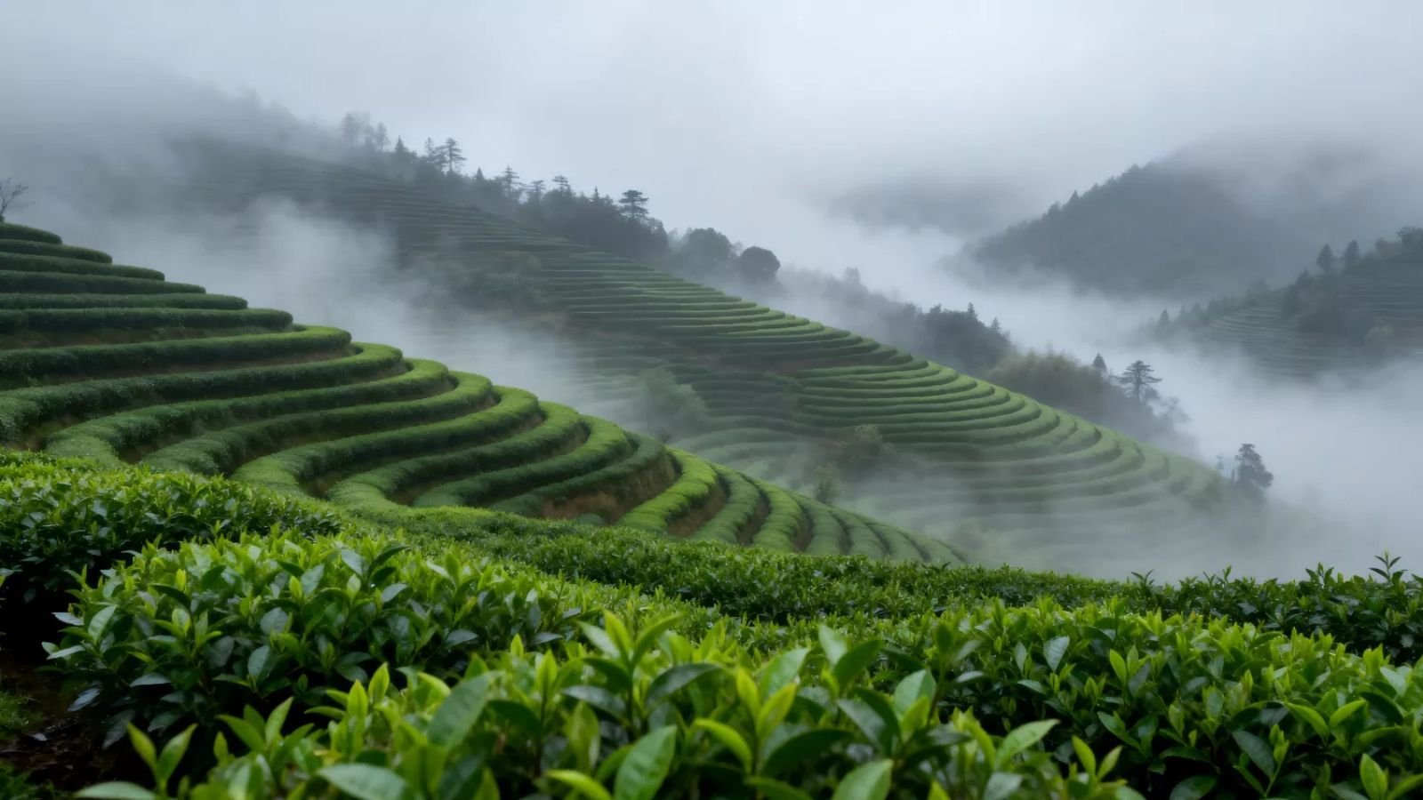 Mount Mengding tea gardens, Sichuan Misty high-mountain tea gardens on Mount Mengding in Sichuan at approximately 800 to 1,200 meters elevation, the Chinese matcha growing region compared with Uji in this China vs Japan matcha guide