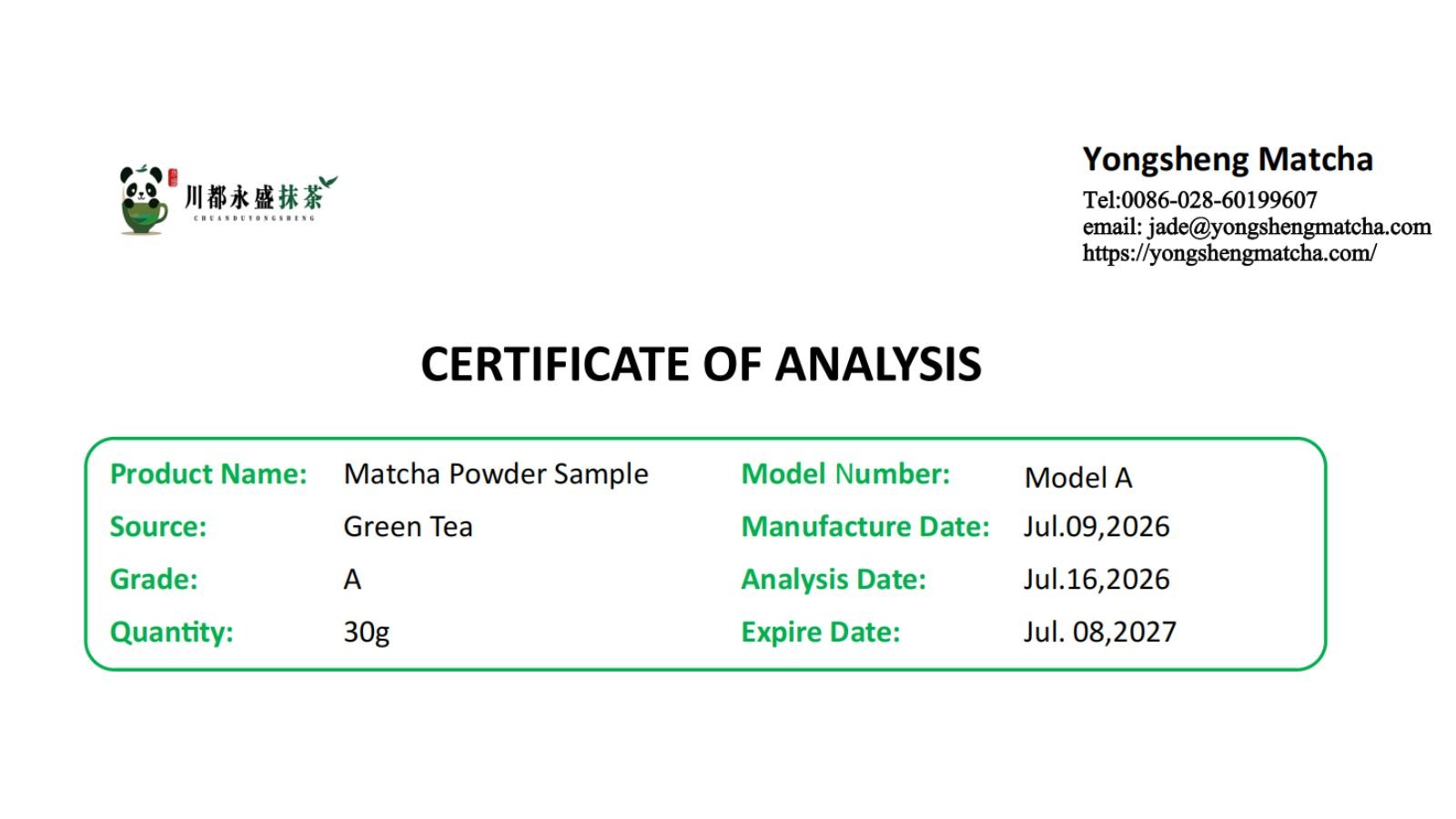 Matcha COA header: supplier and product information Part 1 of a real matcha COA: supplier information and product information, including product name, model, grade, manufacture date, analysis date, and expiry