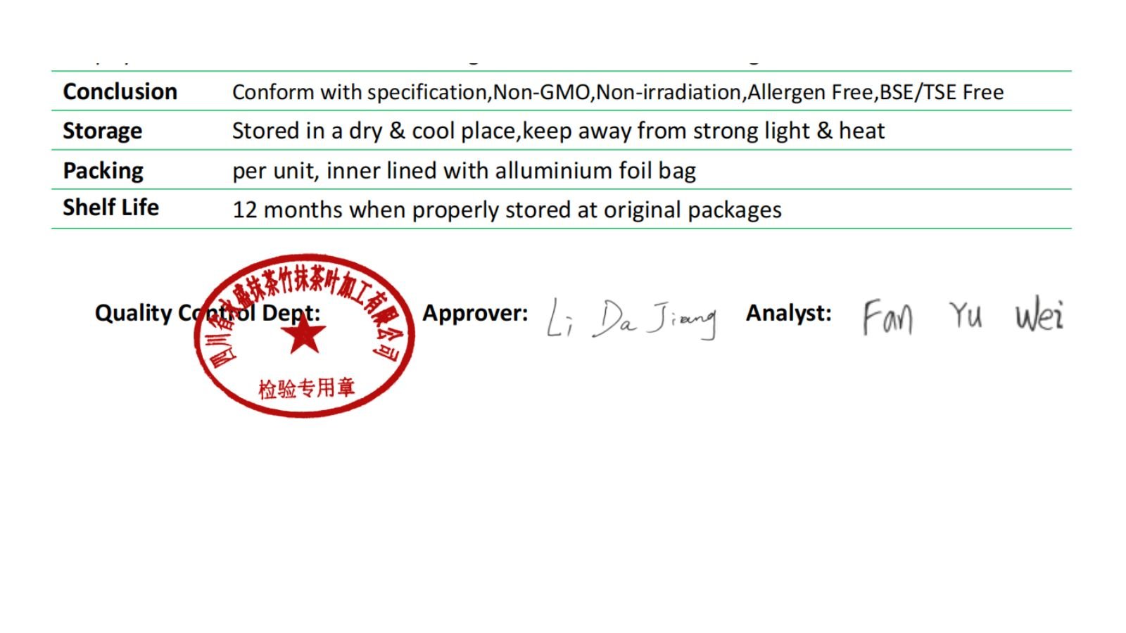 Matcha COA conclusion, storage and packaging details Part 4 of a real matcha COA: conclusion statement, storage and packaging details, and the quality control approval seal