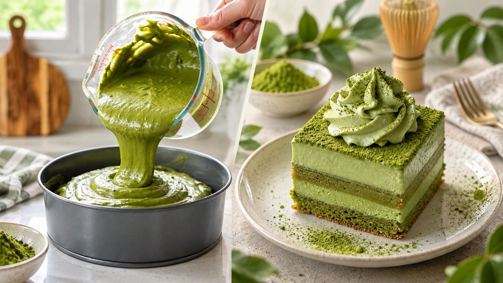 Matcha cake batter and a baked slice Vivid green matcha cake batter in a bowl beside a baked slice with green crumb and golden-brown crust