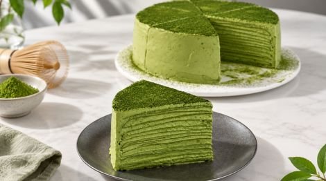 Matcha mille crepe cake with slice removed showing green tea layers