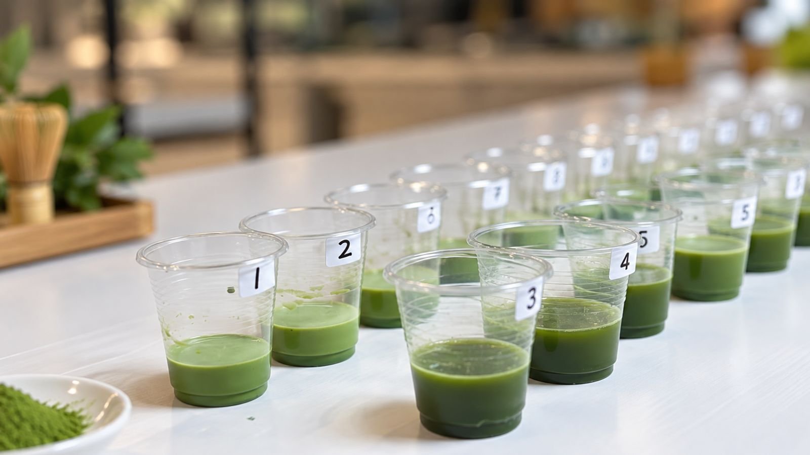 Color hold comparison, 0/30/60 min Color hold test comparing the same matcha latte at 0, 30 and 60 minutes, how cafés can test matcha samples for iced lattes before buying in bulk