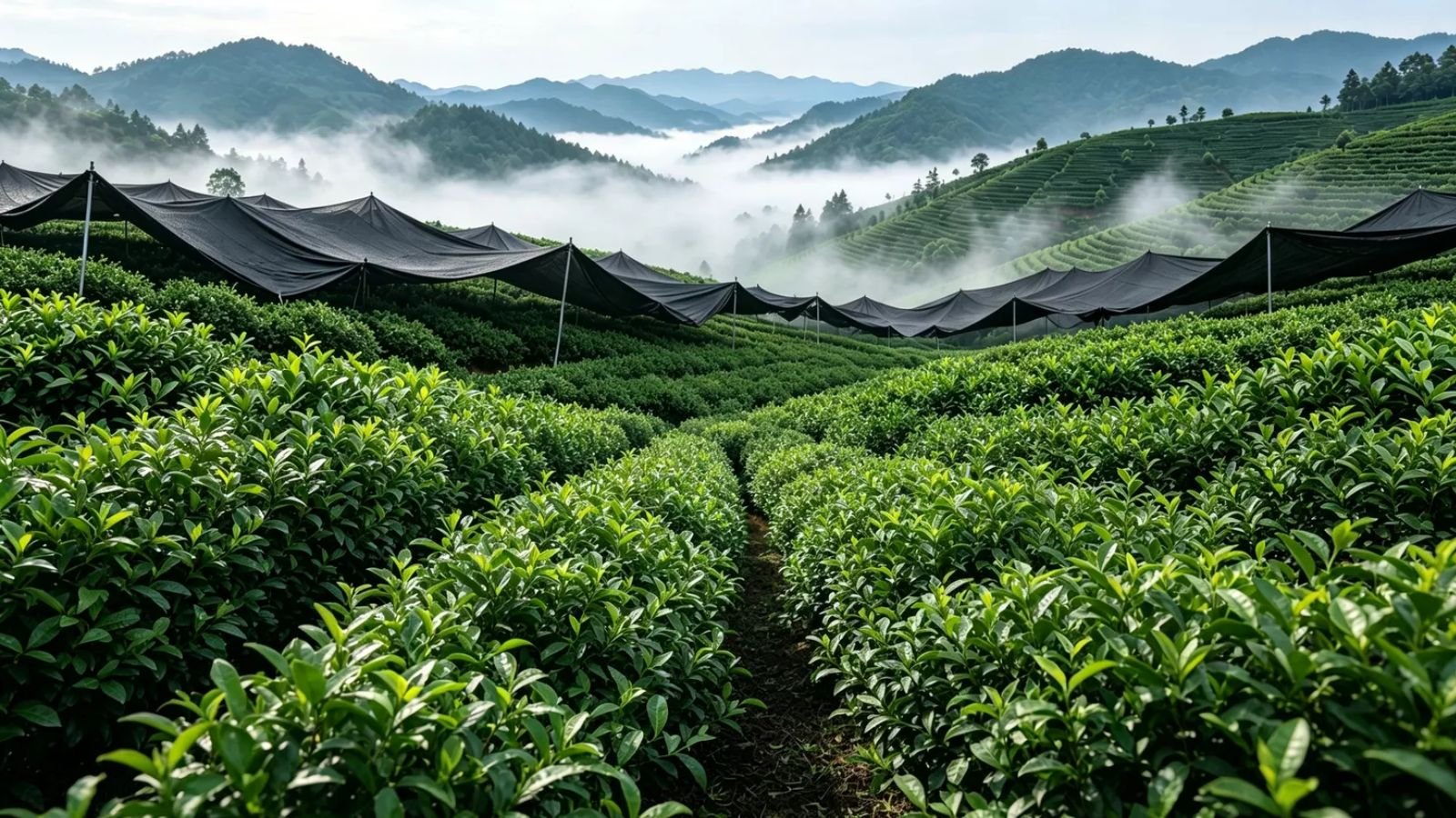 Shaded tencha rows on Mount Mengding Tea rows grown under shade for at least 20 days before harvest to produce tencha for Chinese matcha on Mount Mengding, Sichuan