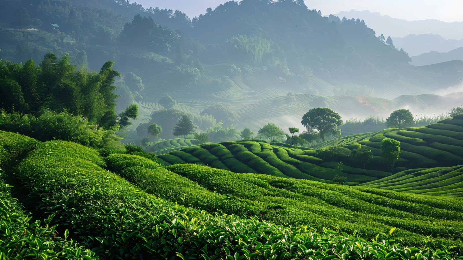 Mount Mengding tea gardens, Ya'an, Sichuan Misty tea rows on Mount Mengding in Ya'an, Sichuan, the high-altitude growing region behind Yongsheng Matcha's bulk powder
