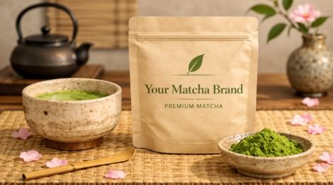Private label kraft pouch of premium matcha with bowl of matcha powder and whisked tea in a Japanese tea setting