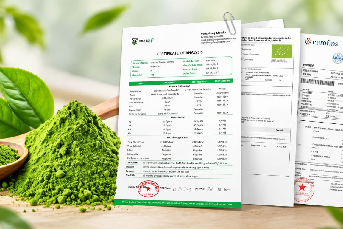 Yongsheng Matcha certificates of analysis, EU organic certificate, and Eurofins lab test reports beside matcha powder